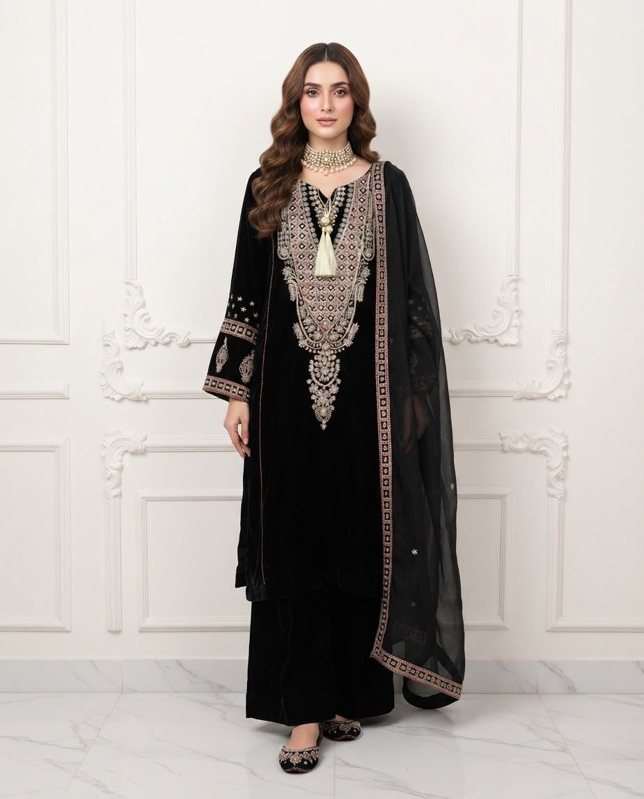 Velvet Embroidered Stitched 3pc Suit BFO-FZ