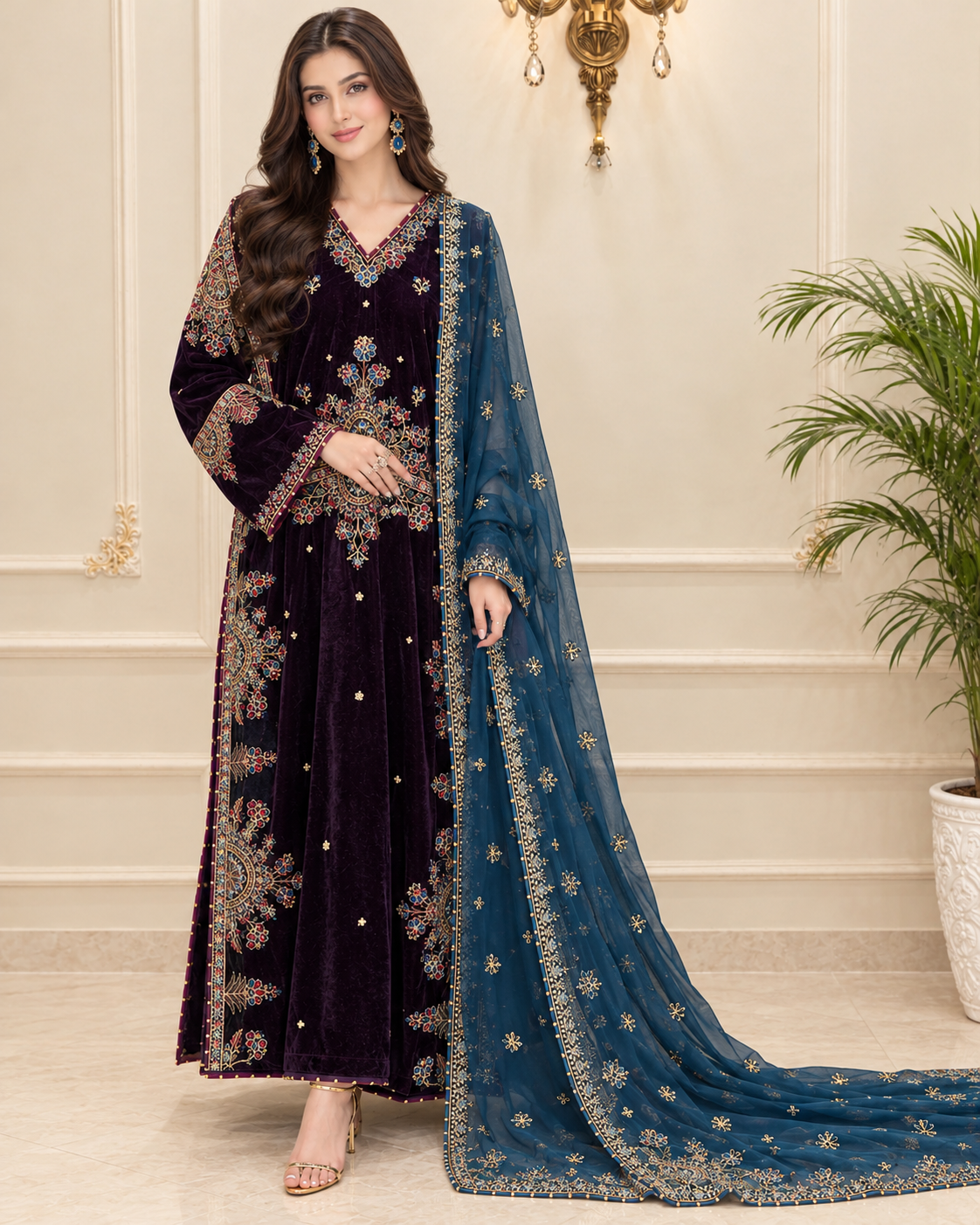 Velvet Embroidered Stitched 3pc kaftan Suit