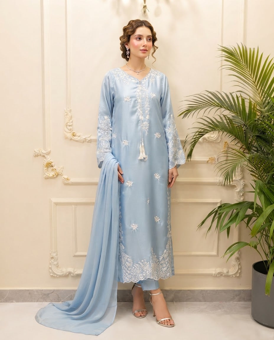 Silk Embroidered Stitched Kaftan 3pc Suit BFO-MNLS