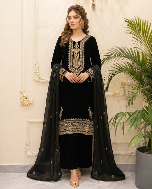 Velvet Embroidered Stitched 3pc Suit BFO-FZ