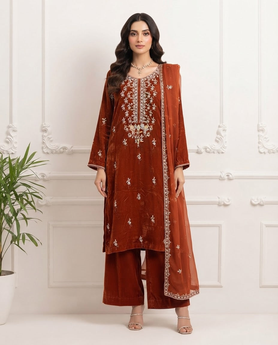 Velvet Embroidered Stitched 3pc Suit BFO-FZ