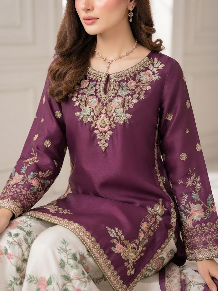 Silk Embroidered Stitched 3pc Suit BFO-MNLS