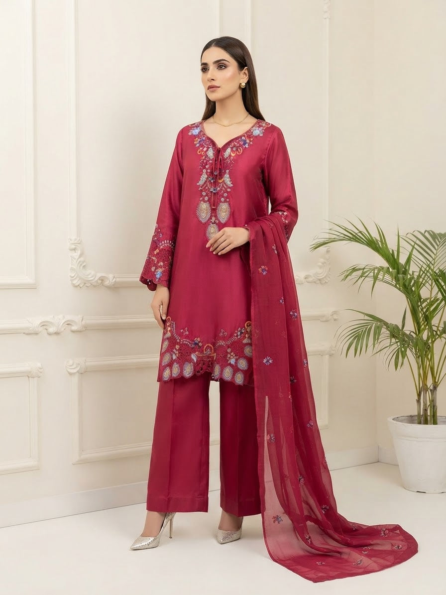 Shamoose Silk Short Kaftan Stitched 3-pc BFO-MNLS