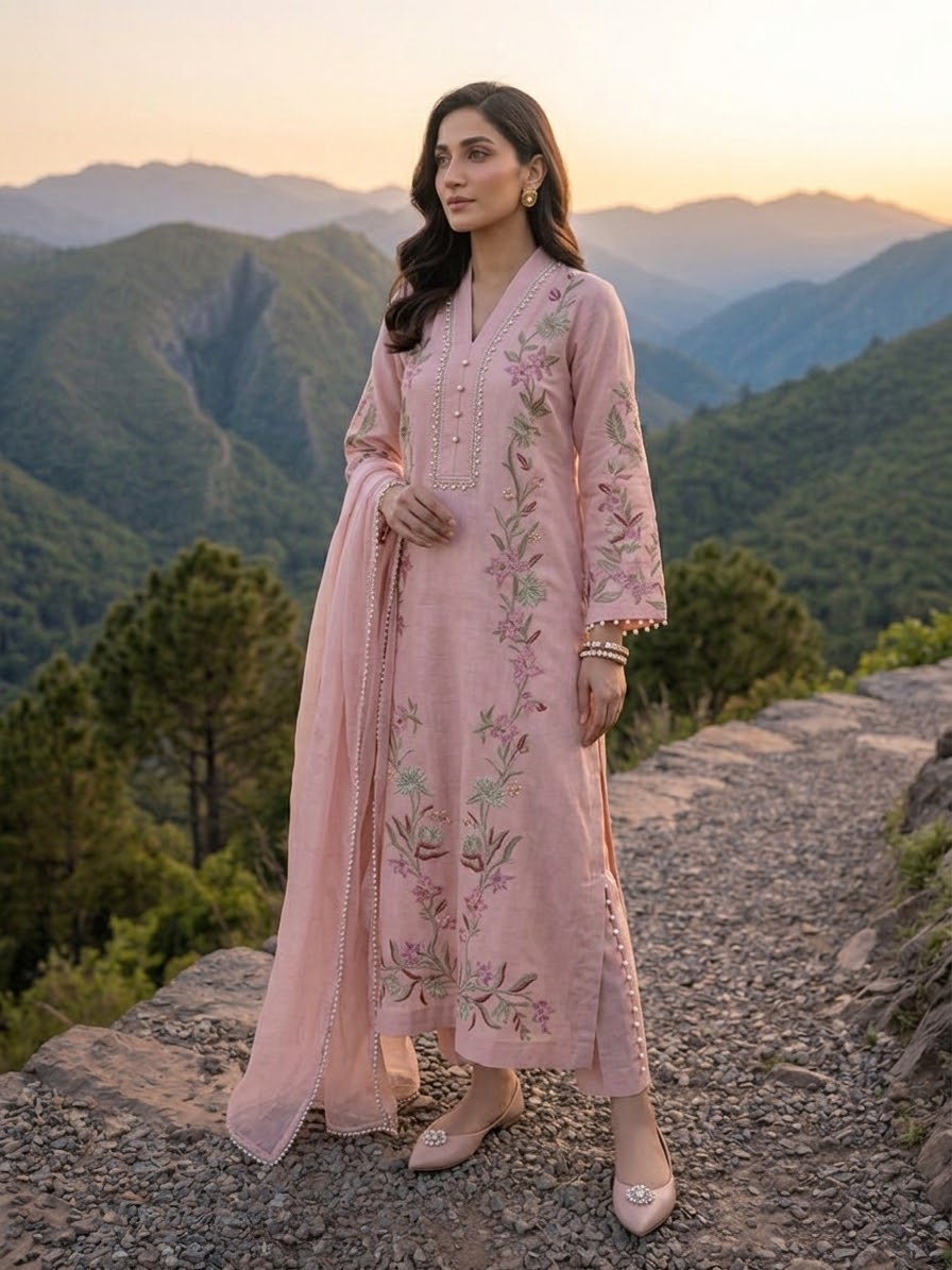 Pure Silk Embroidered kaftan Stitched 3-pc BFO-MNLS