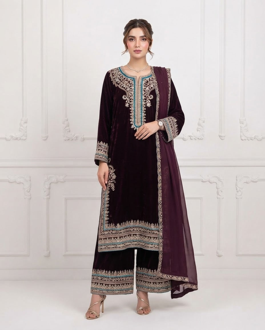 Velvet Embroidered Stitched 3pc Suit BFO-FZ