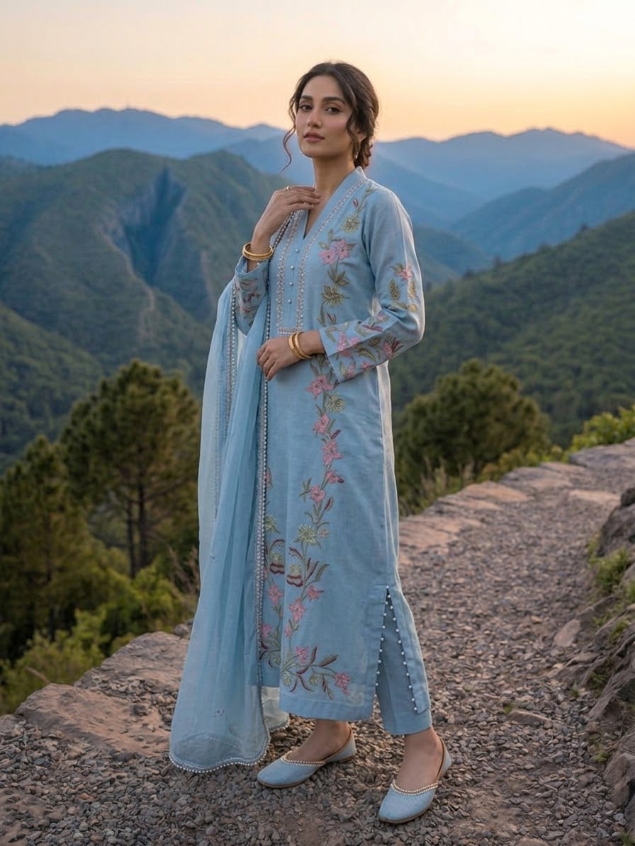 Pure Silk Embroidered kaftan Stitched 3-pc BFO-MNLS