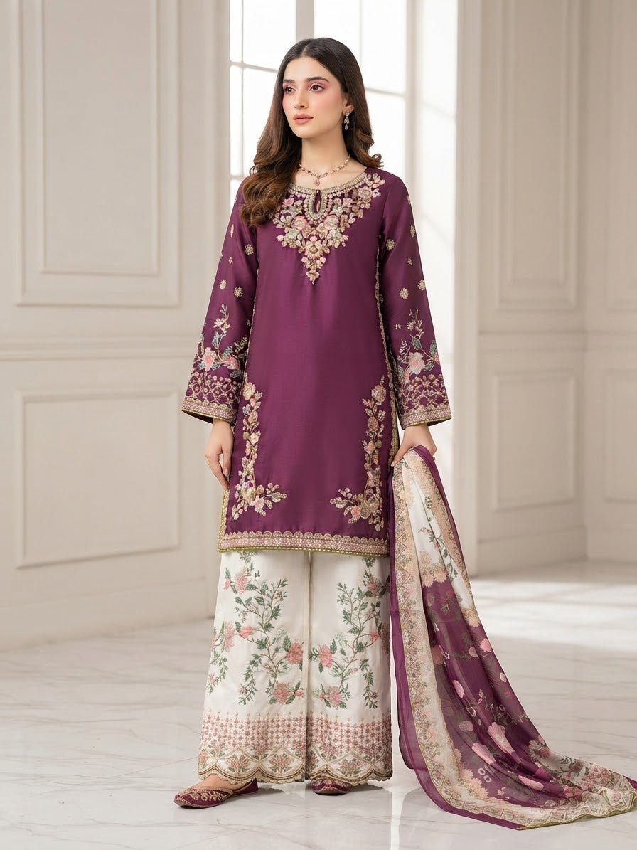 Silk Embroidered Stitched 3pc Suit BFO-MNLS