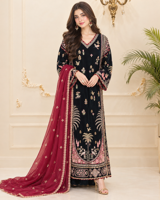 Velvet Embroidered Stitched Kaftan 3pc Suit
