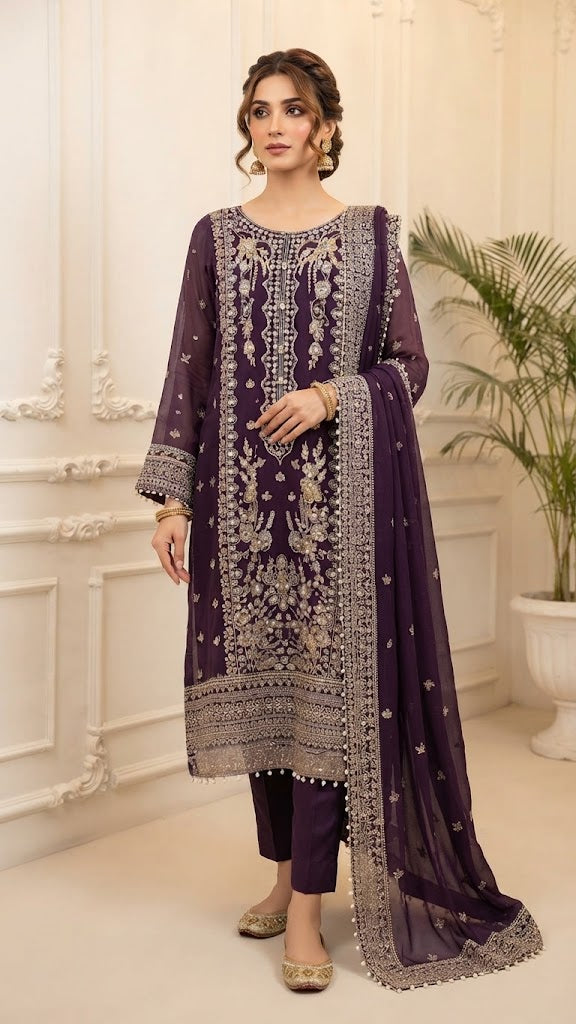 Chiffon Embroidered Stitched 3pc Suit BFO-FZ