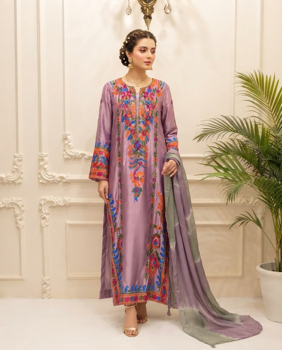 Silk Embroidered Stitched 3pc Suit BFO-MNLS