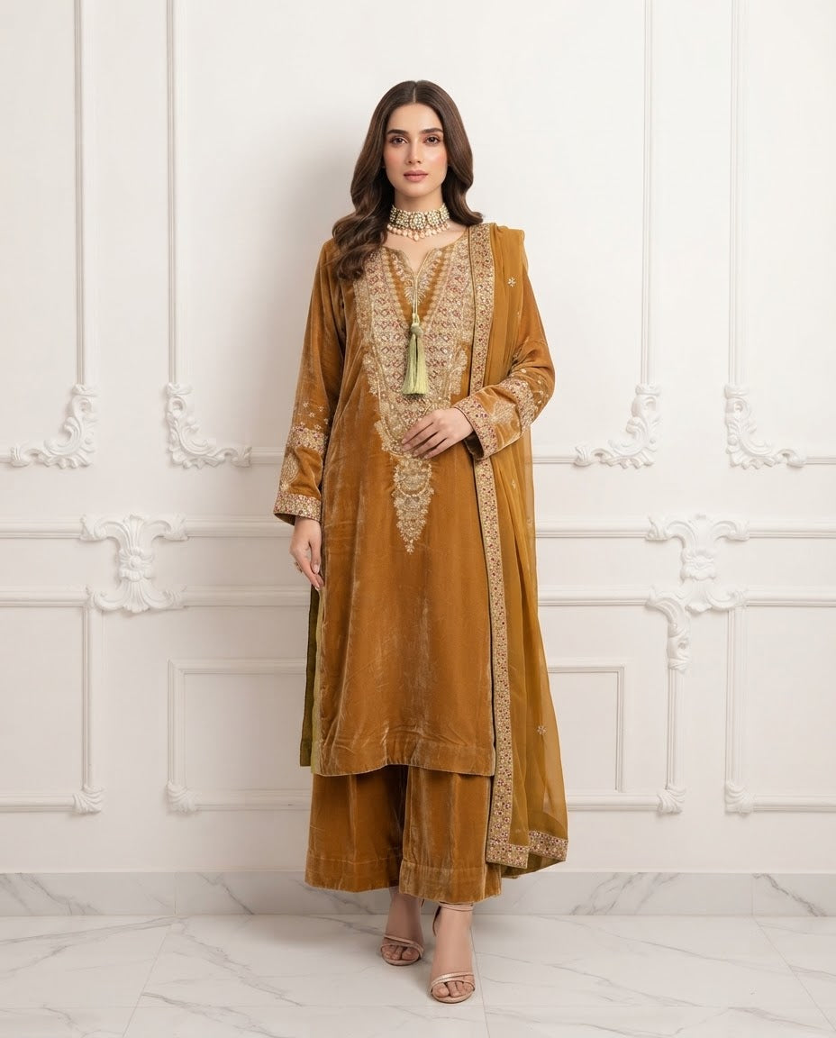 Velvet Embroidered Stitched 3pc Suit BFO-FZ