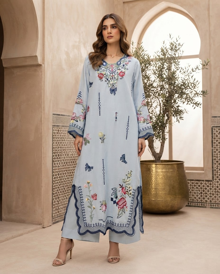 Pure Silk Embroidered Stitched 3pc kaftan Suit BFO-MNLS