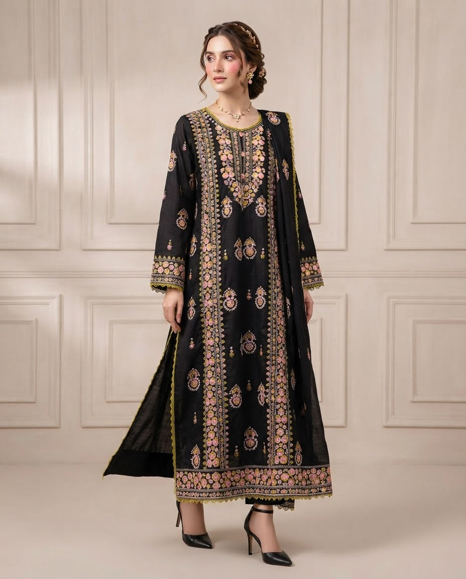 Russian Silk Embroidered Stitched 3pc Suit BFO-MNLS
