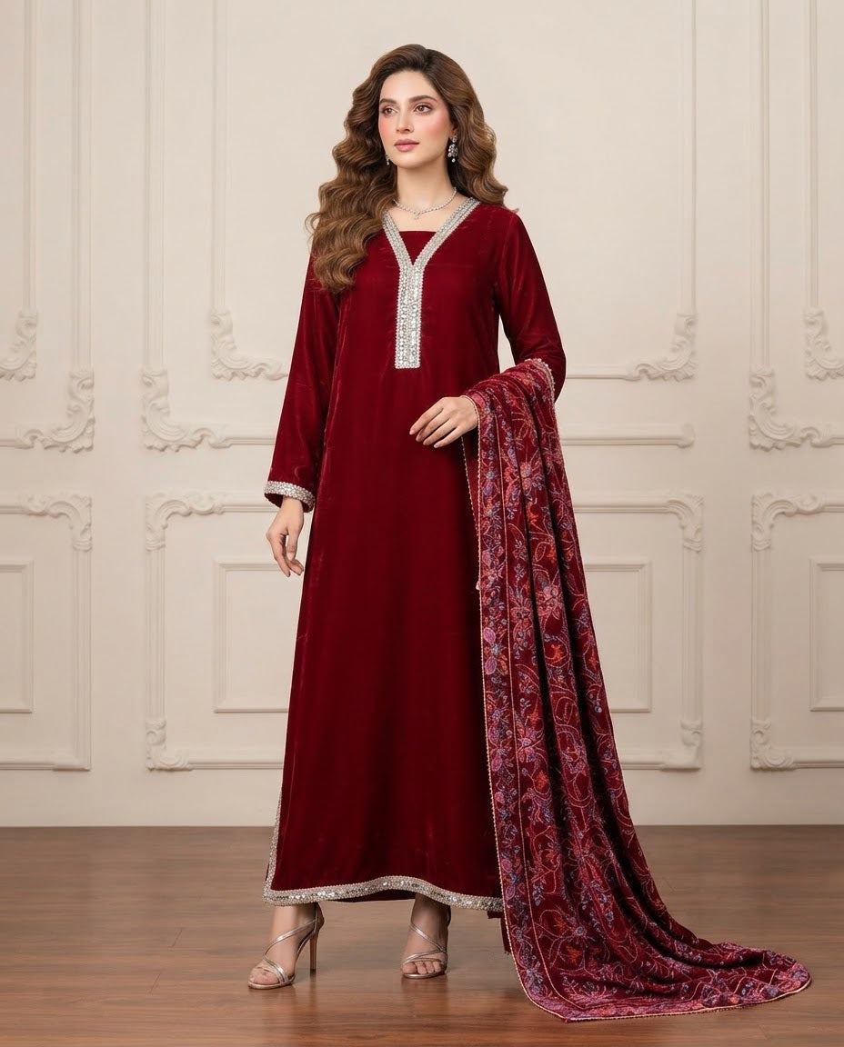 Velvet Plain Kaftan 2pc Suit BFO-FZ