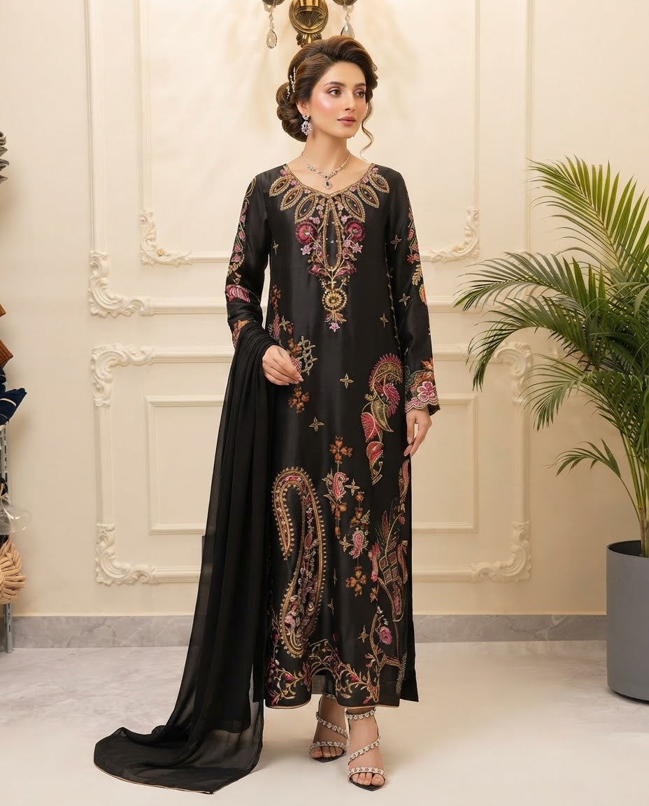 Silk Embroidered Kaftan Stitched 3pc Suit BFO-MNLS