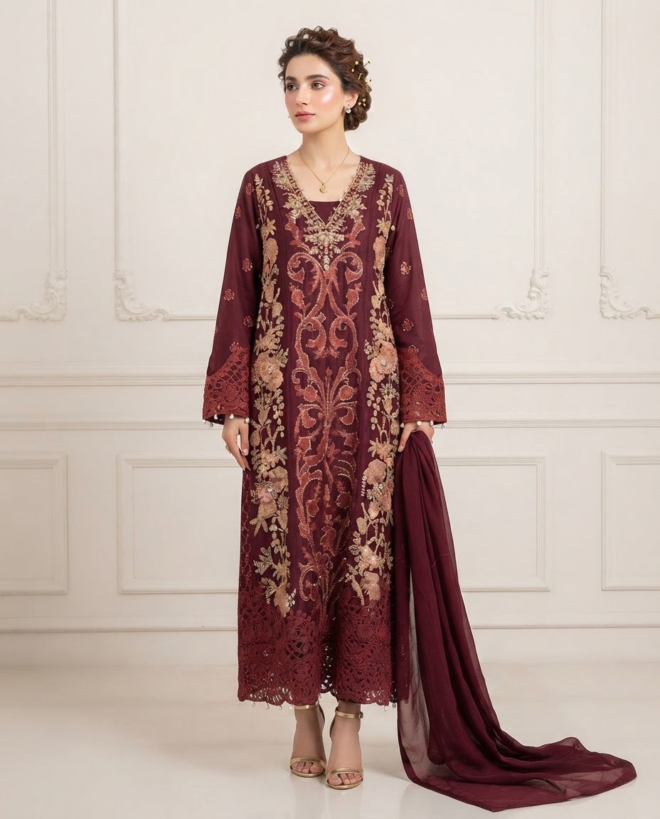 Chiffon Embroidered Stitched 3pc Suit BFO-FZ