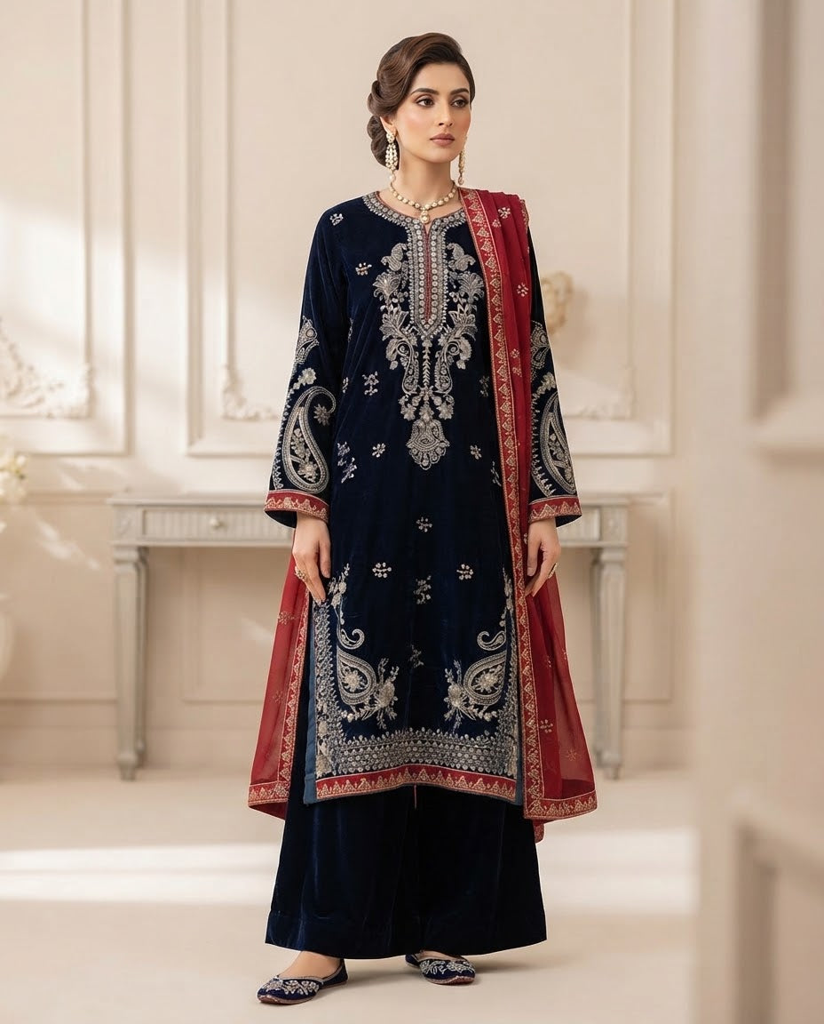 Velvet Embroidered Stitched 3pc Suit BFO-FZ