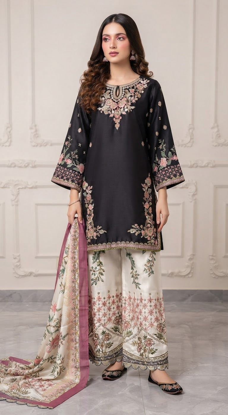 Silk Embroidered Stitched 3pc Suit BFO-MNLS