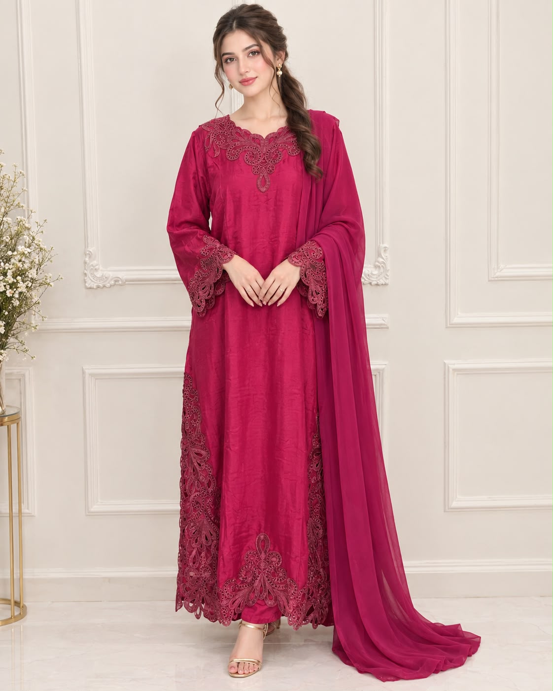 Silk Embroidered Stitched 3pc Suit