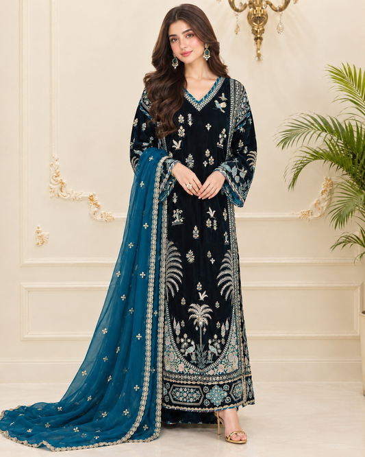 Velvet Embroidered Stitched Kaftan 3pc Suit