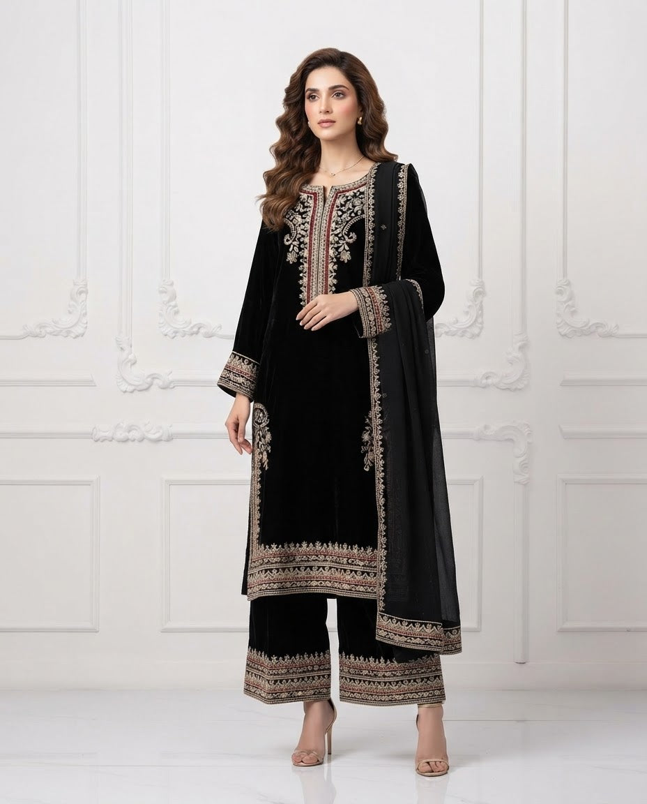 Velvet Embroidered Stitched 3pc Suit BFO-FZ