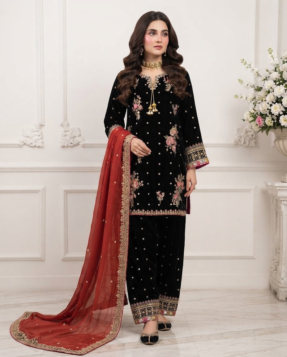 Velvet Embroidered Stitched 3pc Suit BFO-FZ