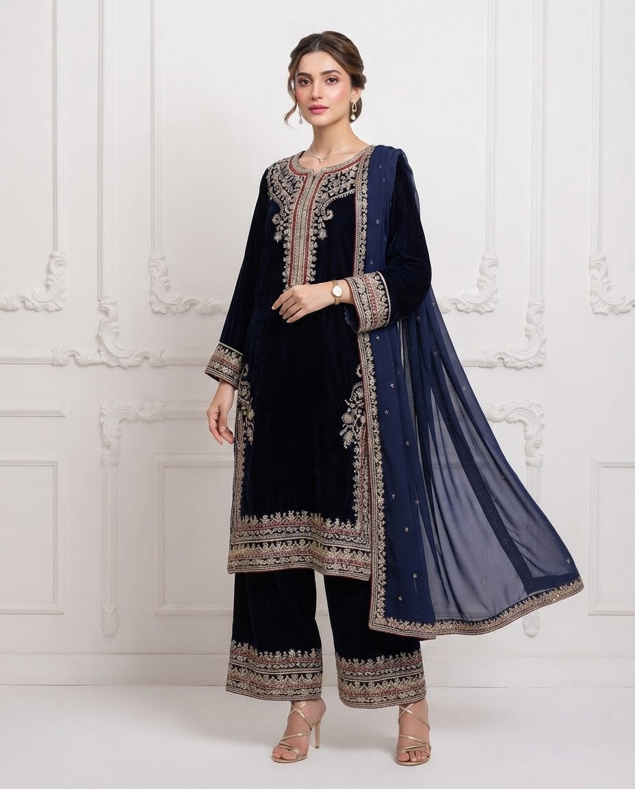 Velvet Embroidered Stitched 3pc Suit BFO-FZ