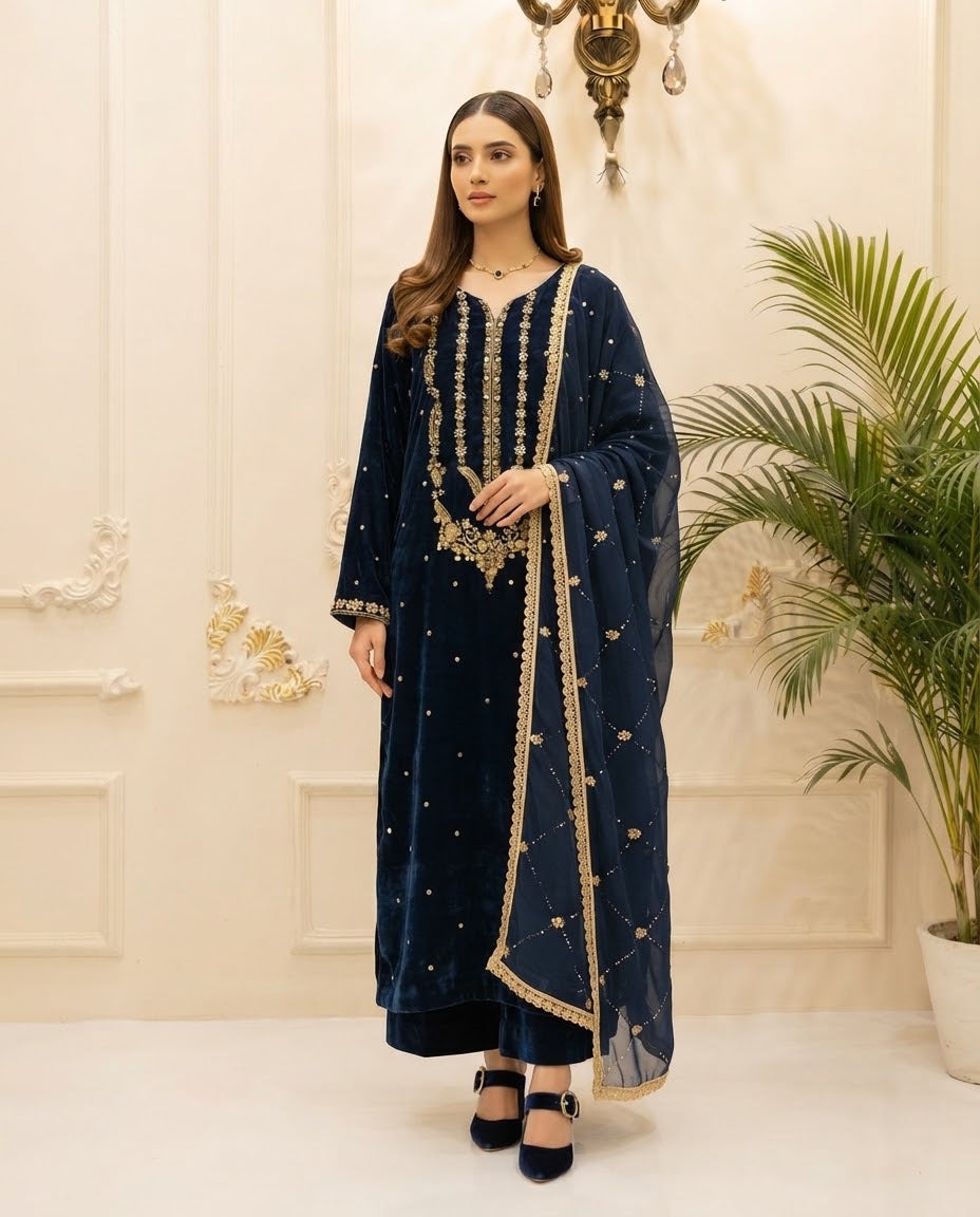 Velvet Embroidered Stitched 3pc Suit BFO-FZ