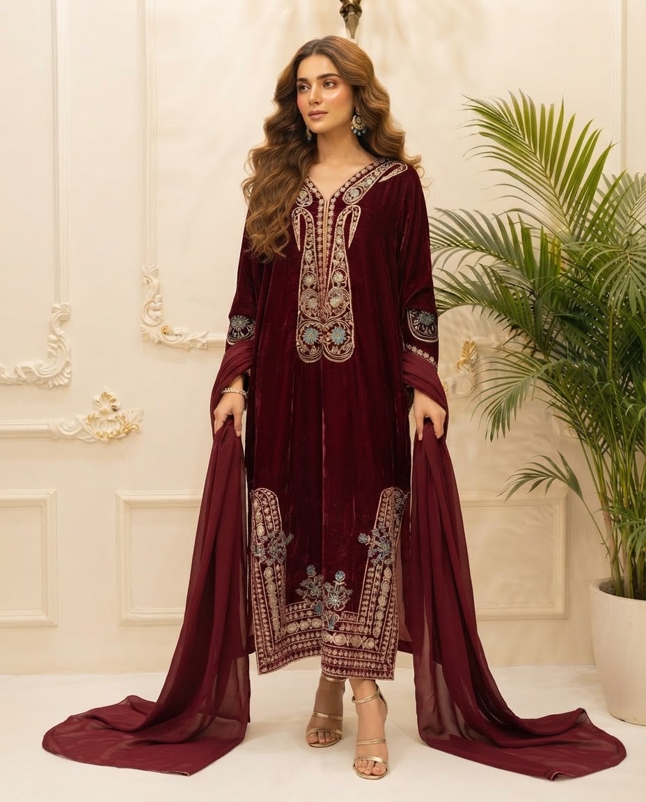 Velvet Embroidered Kaftan Stitched 3pc BFO-FZ
