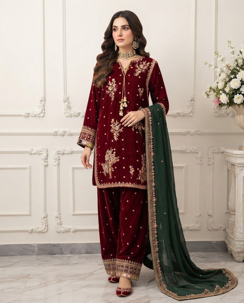 Velvet Embroidered Stitched 3pc Suit BFO-FZ