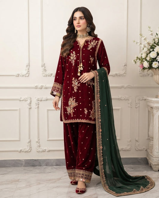 Velvet Embroidered Stitched 3pc Suit BFO-FZ