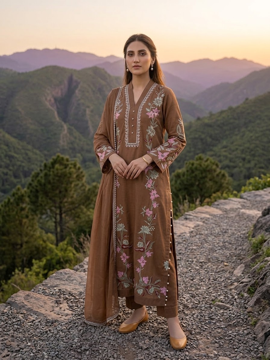Pure Silk Embroidered kaftan Stitched 3-pc BFO-MNLS