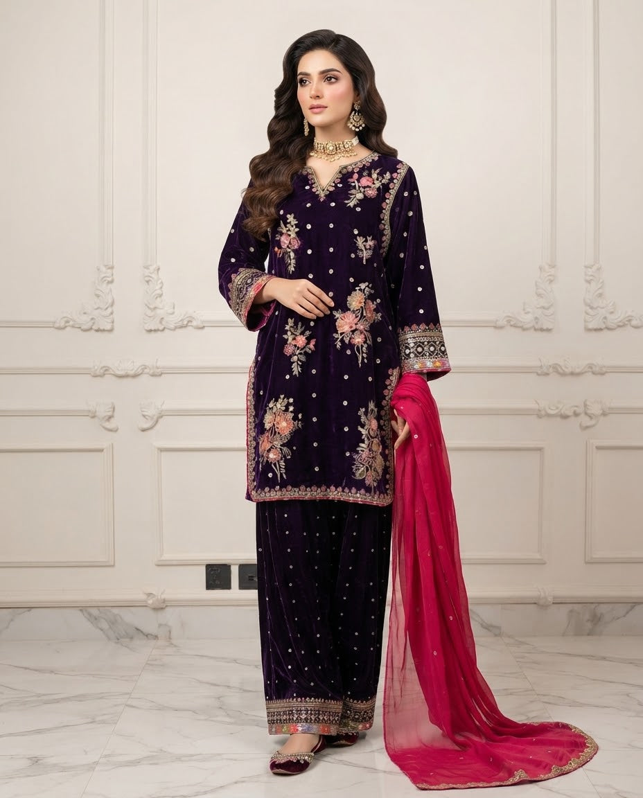 Velvet Embroidered Stitched 3pc Suit BFO-FZ