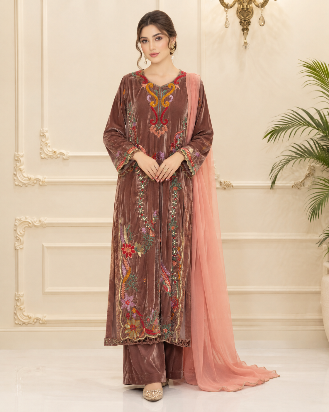 Velvet Embroidered Stitched 3pc Suit
