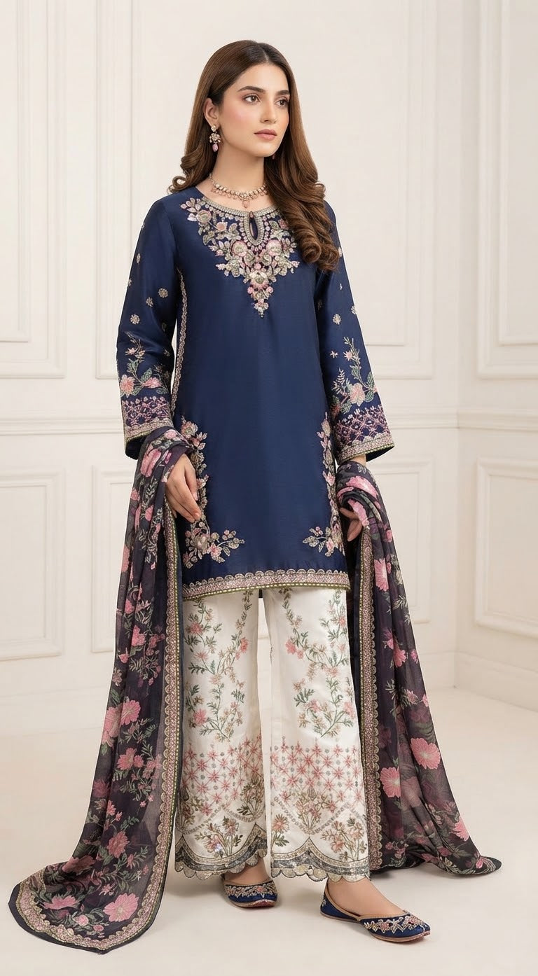 Silk Embroidered Stitched 3pc Suit BFO-MNLS