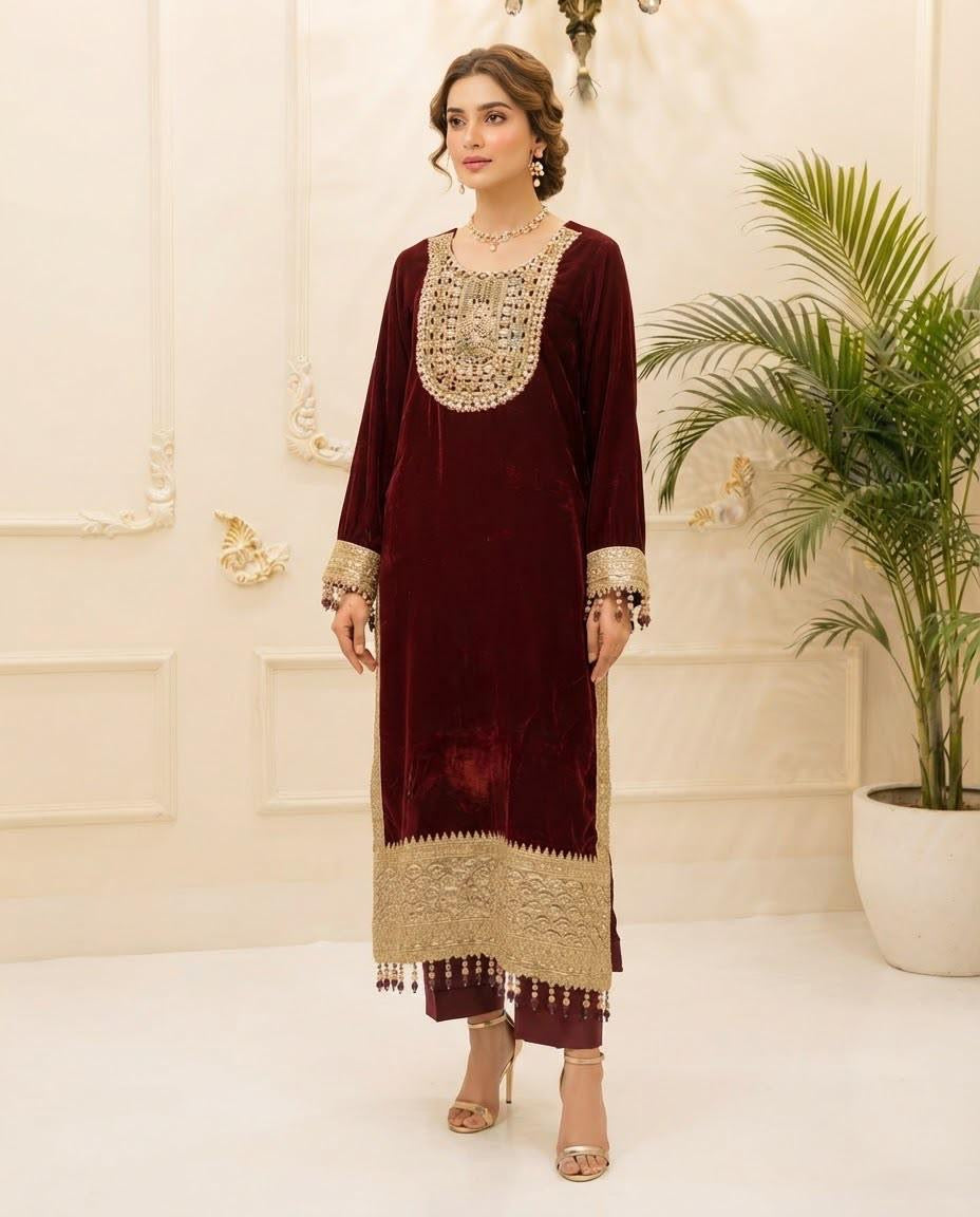 Velvet Embroidered Stitched 2pc Suit