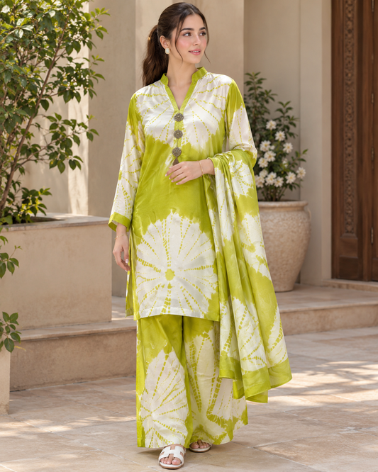 Silk Tie&Dye Printed Stitched 3pc Suit