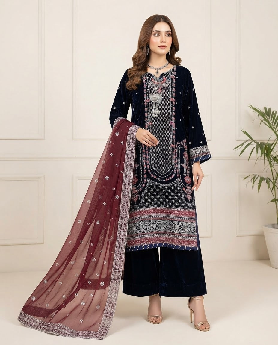 Velvet Embroidered Stitched 3pc Suit BFO-FZ