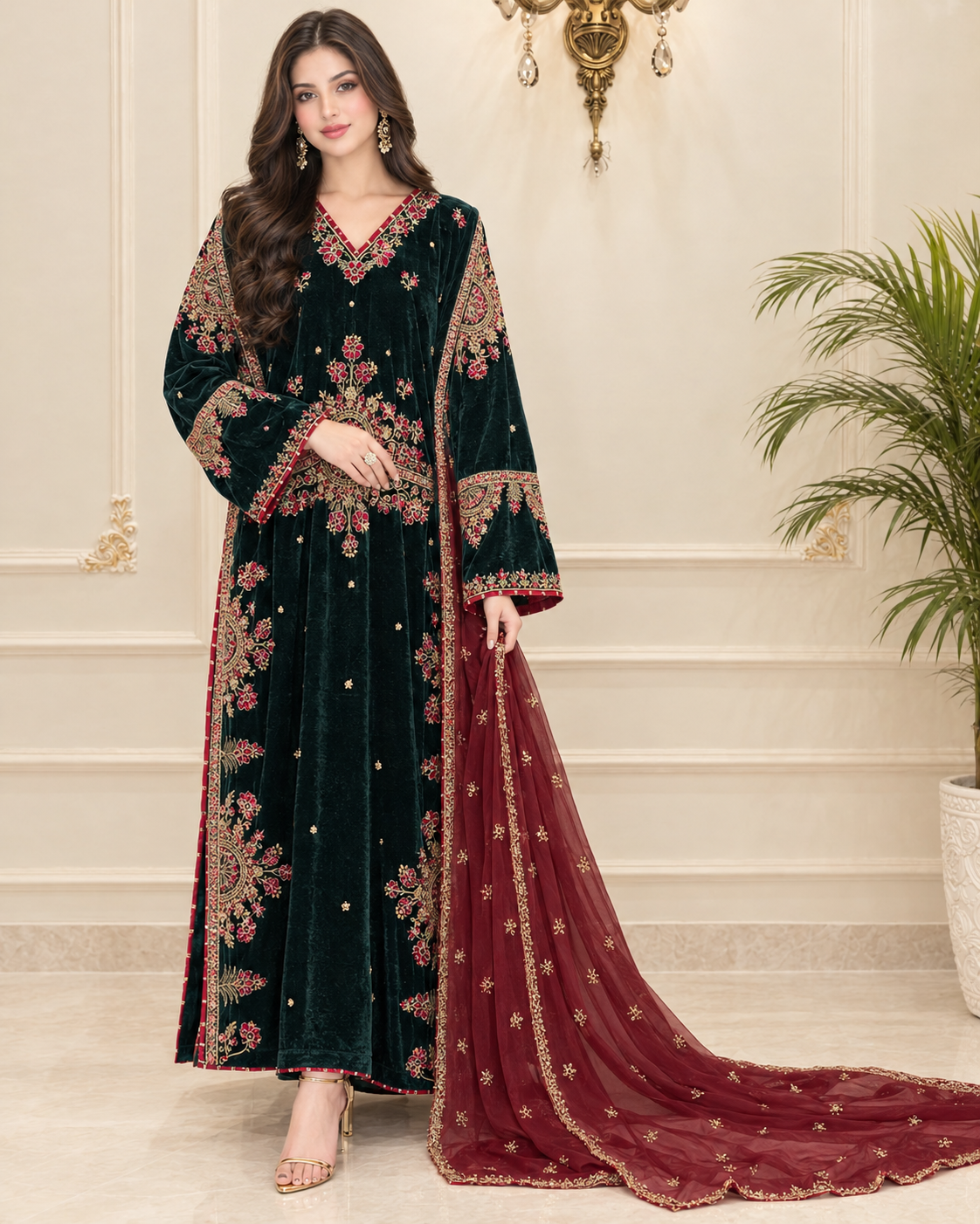 Velvet Embroidered Stitched 3pc kaftan Suit