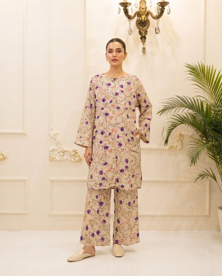 Boski Linen Printed Stitched 2pc Suit BFO-ILA