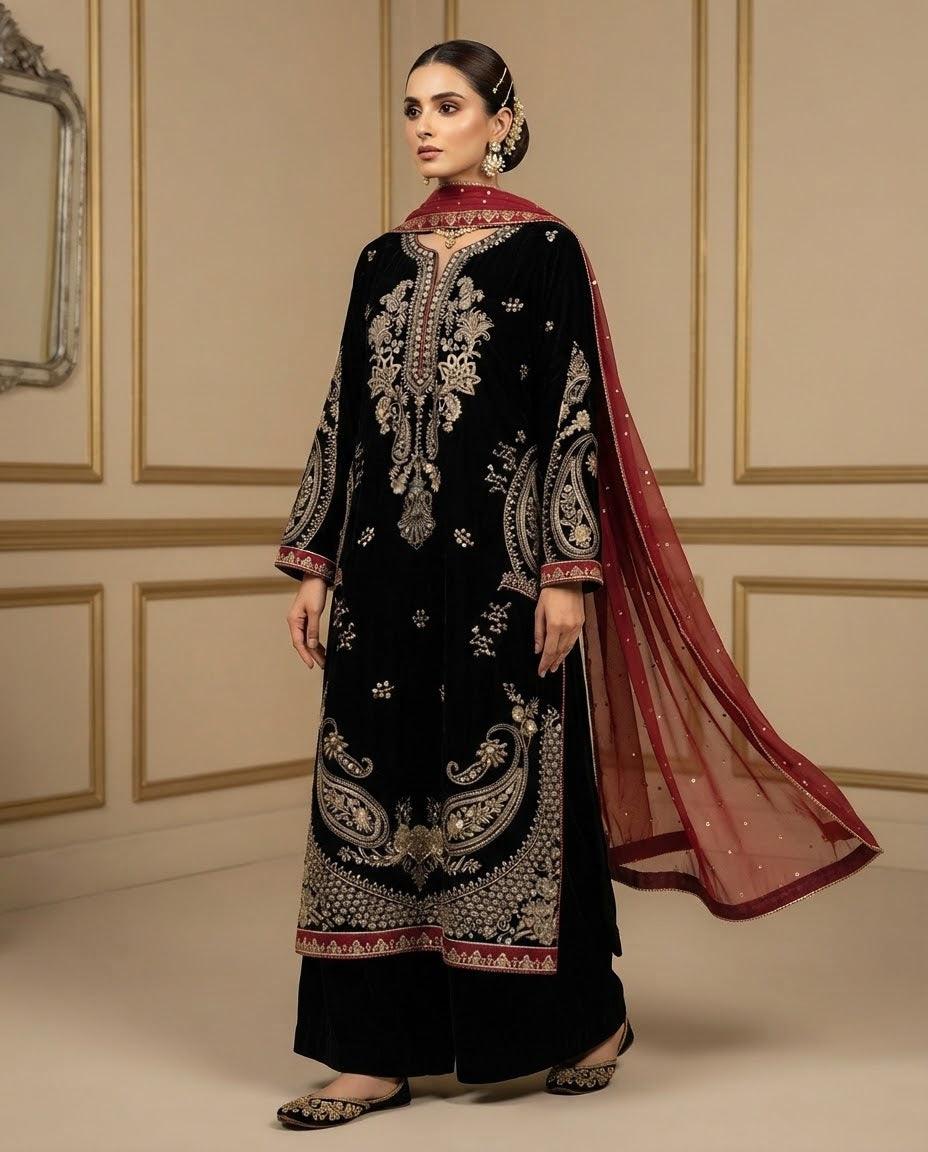 Velvet Embroidered Stitched 3pc Suit BFO-FZ