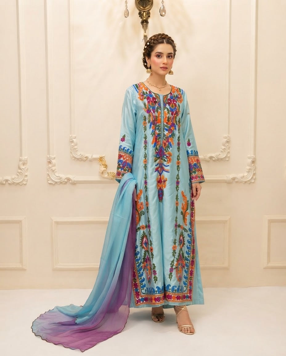 Silk Embroidered Stitched 3pc Suit BFO-MNLS