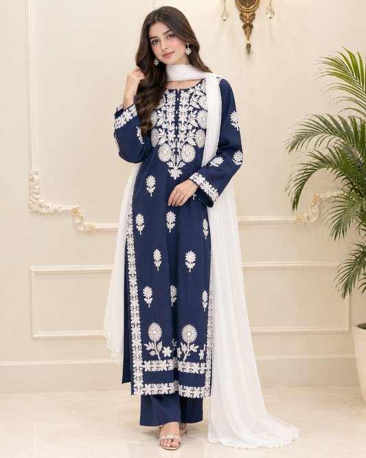 Boski Linen Embroidered Stitched 3pc Suit