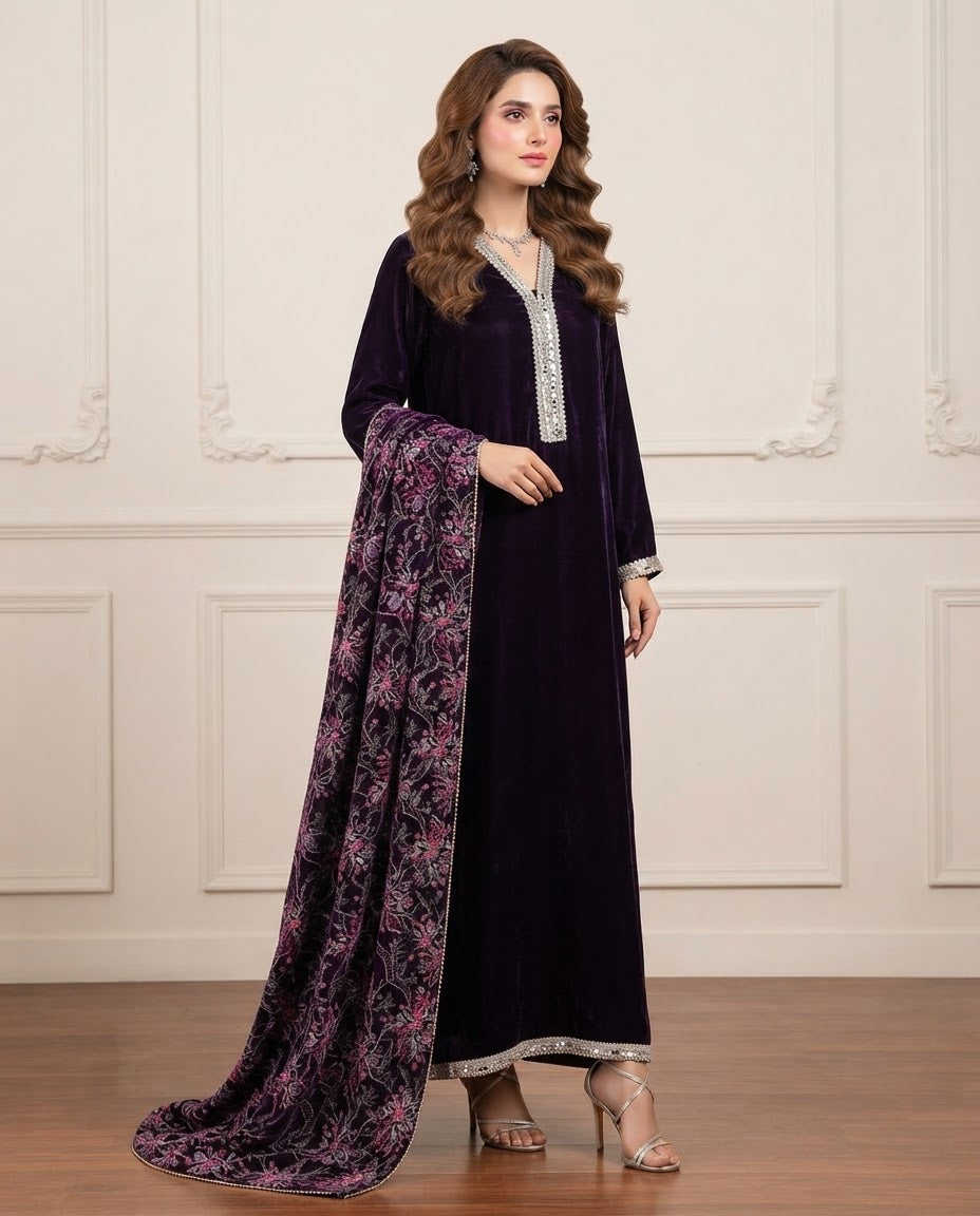 Velvet Plain Kaftan 2pc Suit BFO-FZ