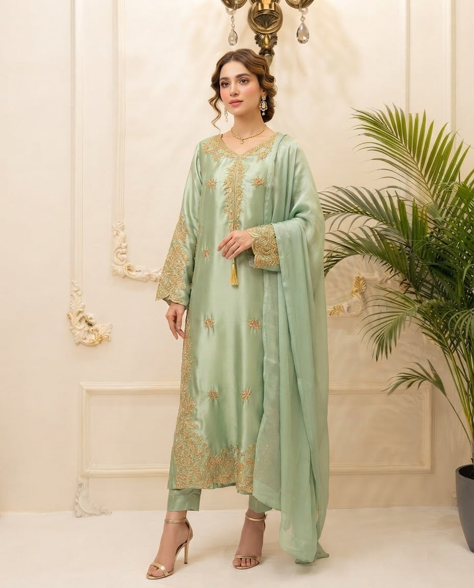 Silk Embroidered Stitched Kaftan 3pc Suit BFO-MNLS