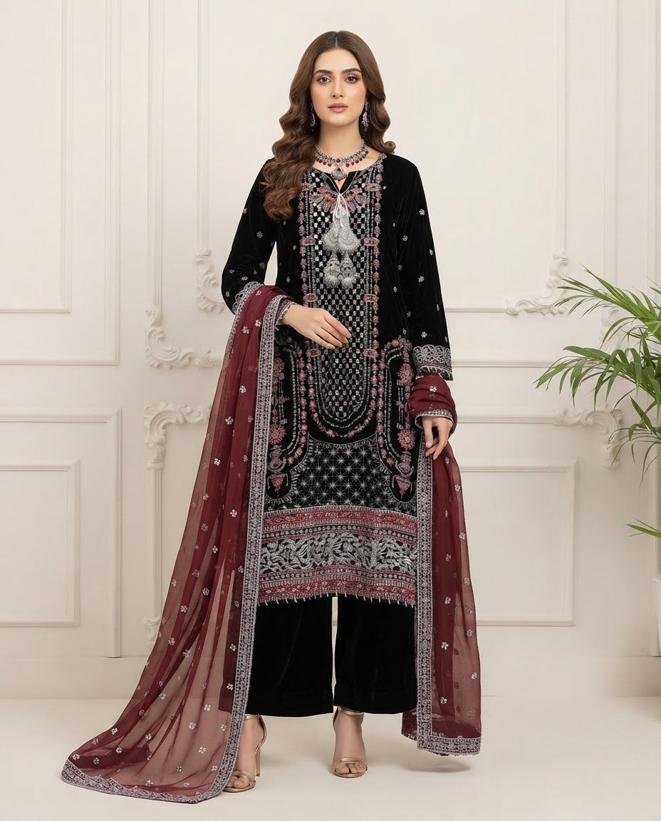 Velvet Embroidered Stitched 3pc Suit BFO-FZ