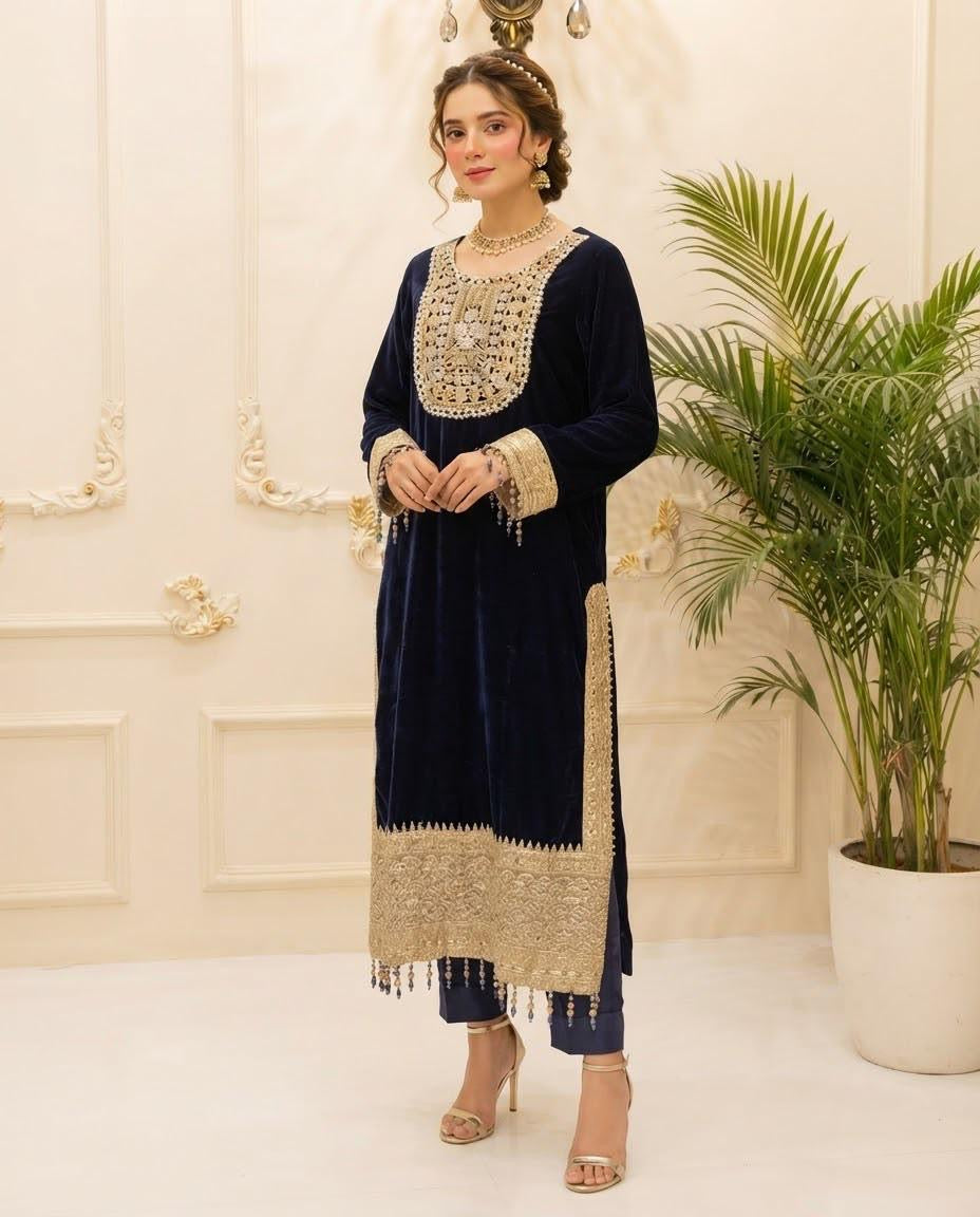 Velvet Embroidered Stitched 2pc Suit
