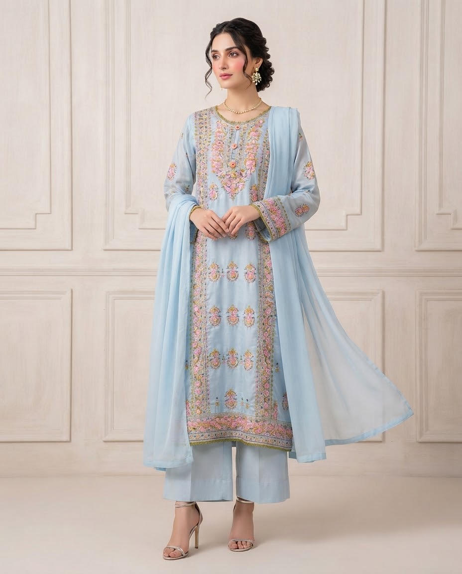 Russian Silk Embroidered Stitched 3pc Suit BFO-MNLS