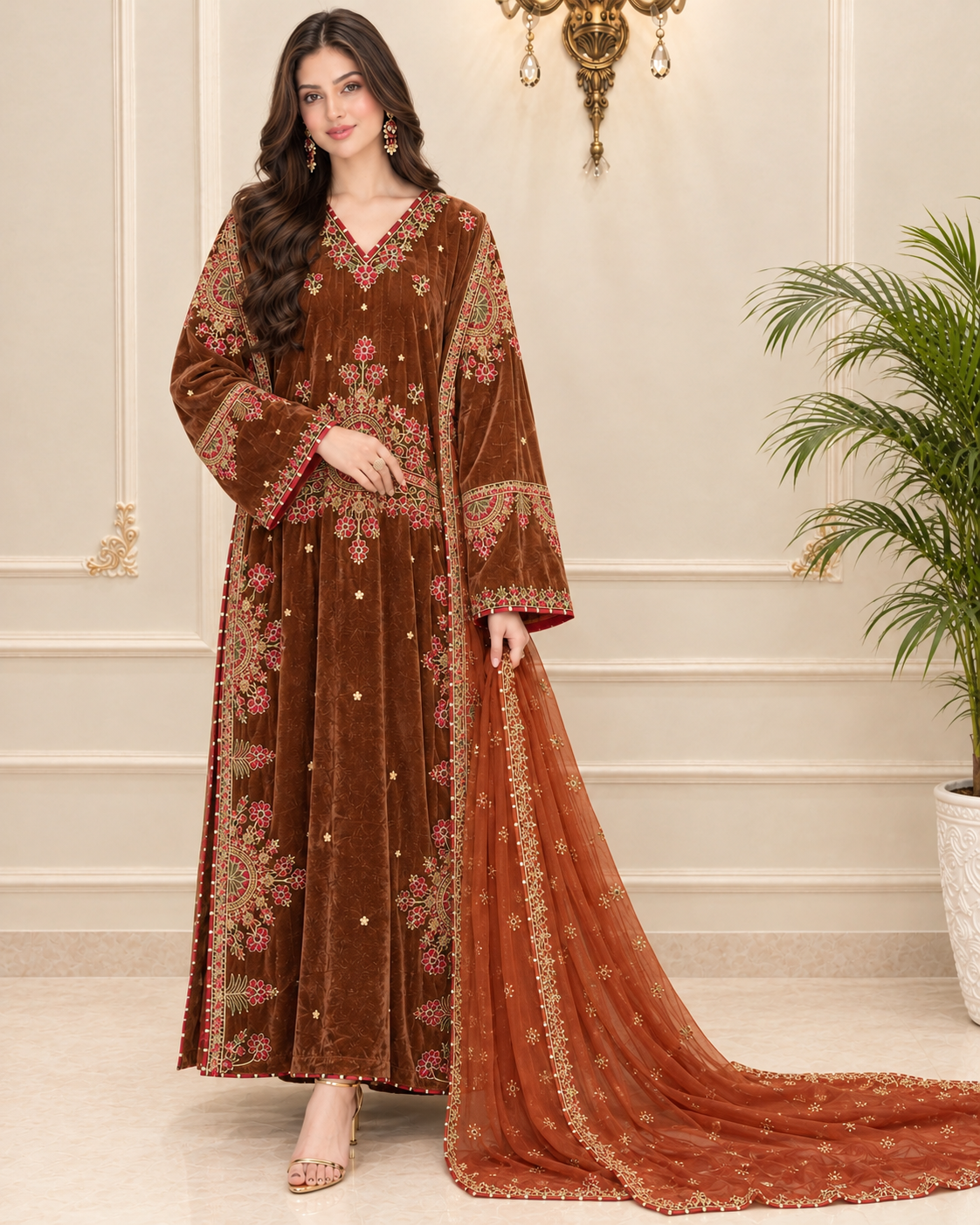Velvet Embroidered Stitched 3pc kaftan Suit