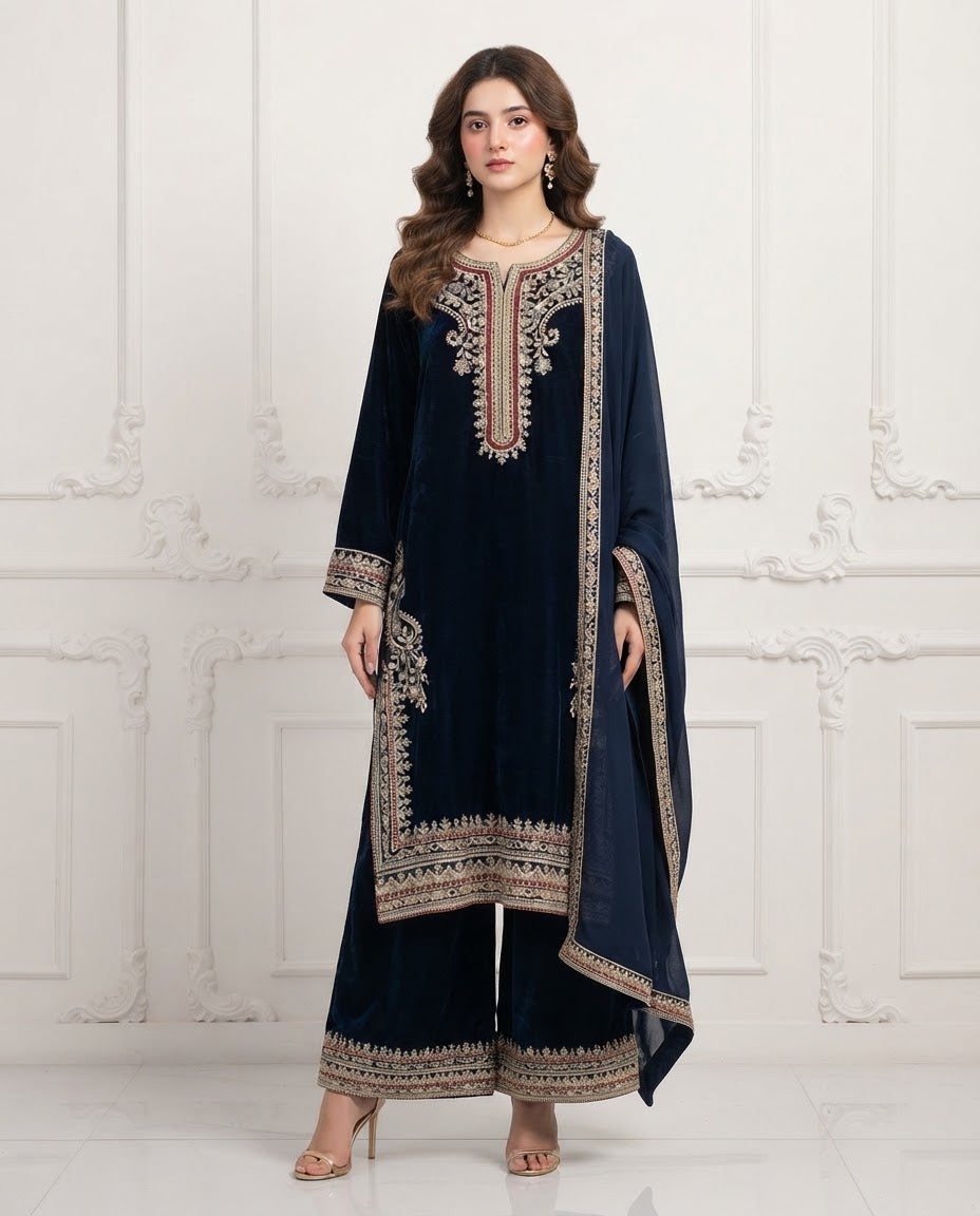 Velvet Embroidered Stitched 3pc Suit BFO-FZ